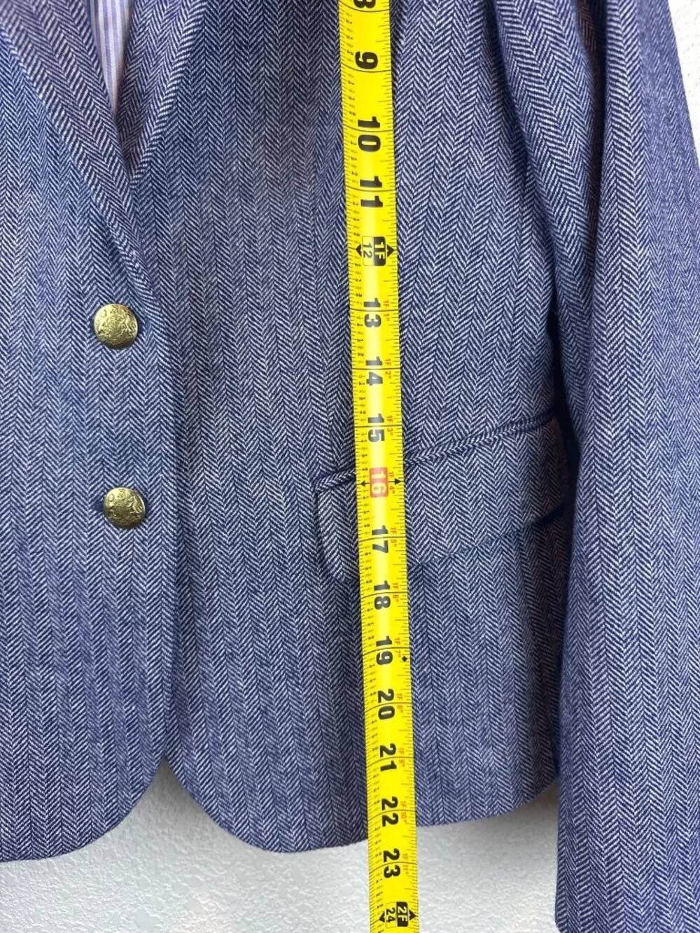 J.Crew Blue Herringbone Wool Blend Blazer Size 4 Gold Button Tailored Jacket - Picture 6 of 11